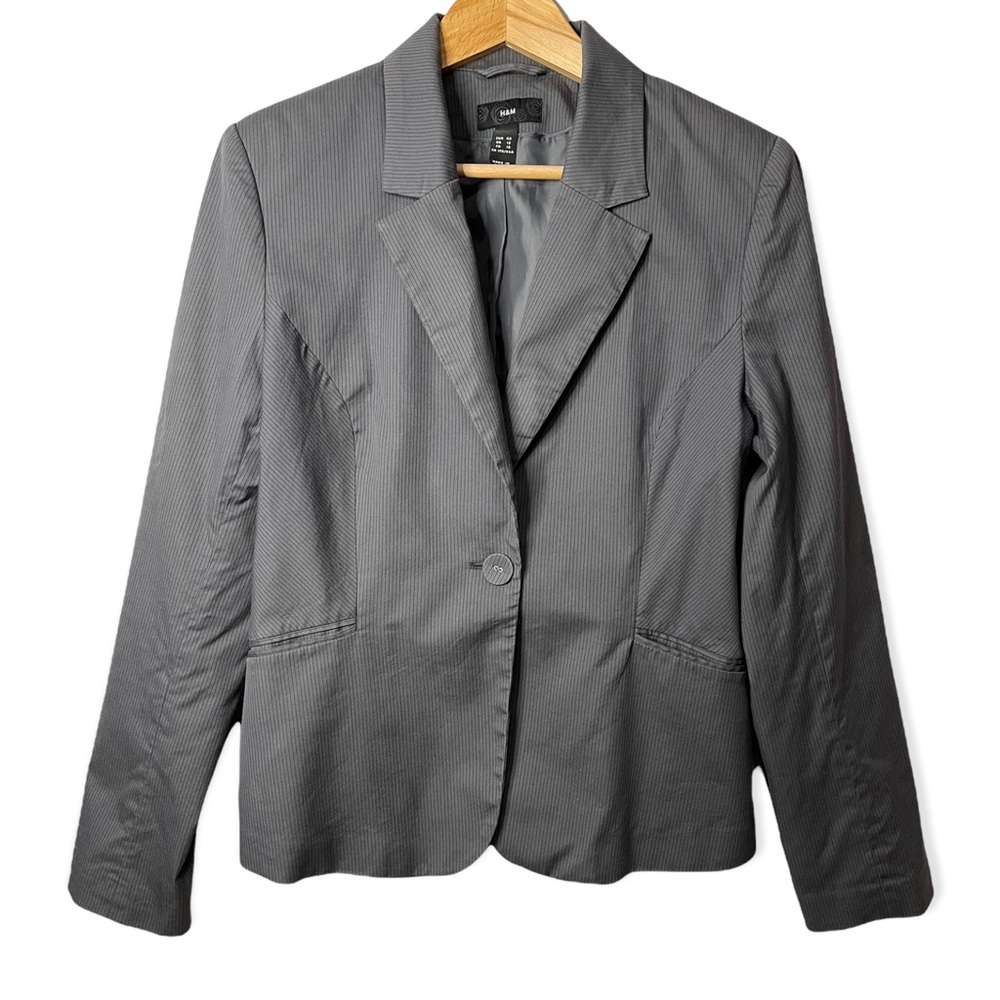 H&M Charcoal Grey Pinstripe Blazer Jacket with Single Button Closure